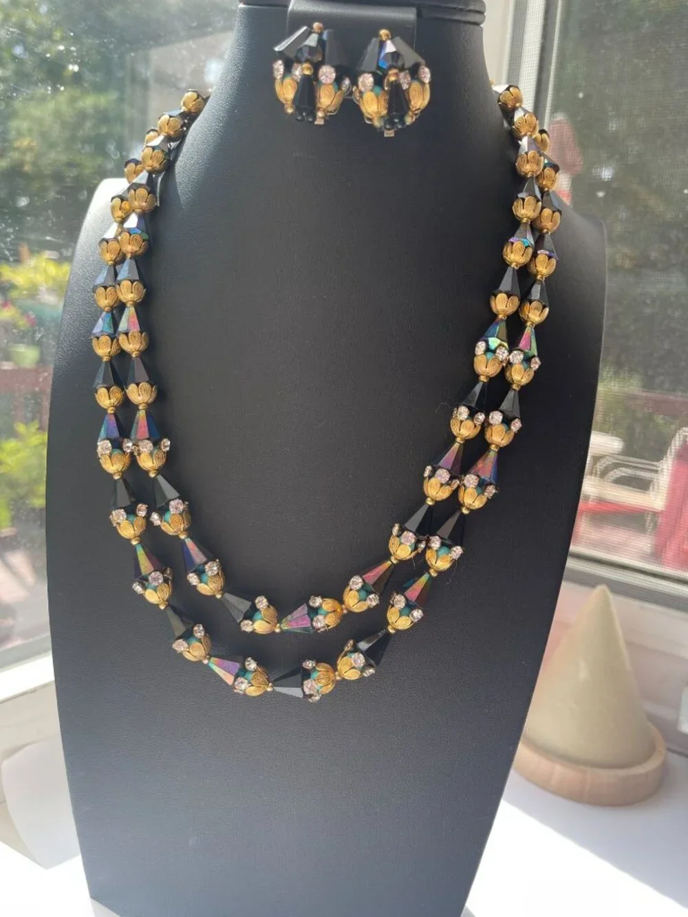 Vtg Demi Parure Double Strand Necklace & Earrings W/ Aurora Borealis Bugle Beads